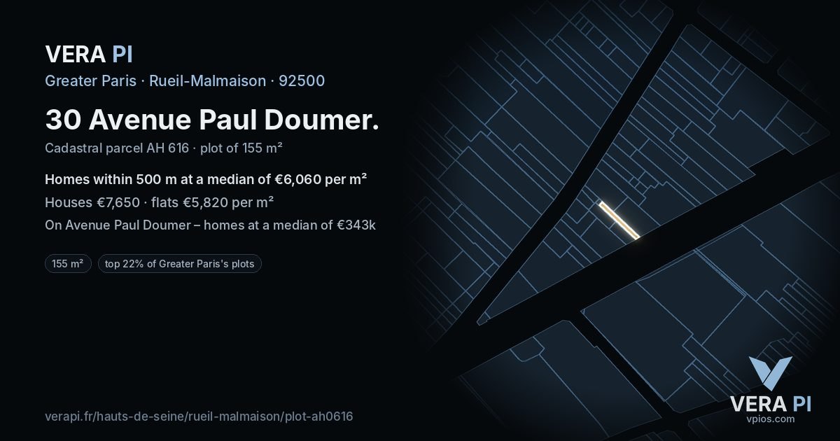 30 Avenue Paul Doumer, Rueil-Malmaison at night – the plot lit, the parcels around coloured by the prices near them