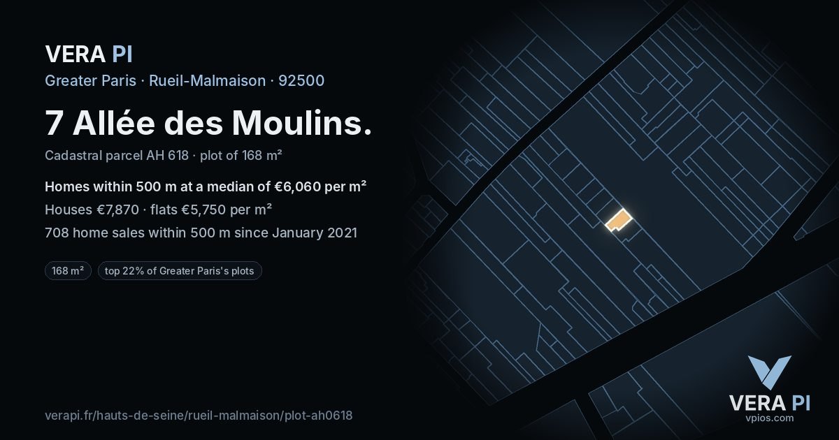 7 Allée des Moulins, Rueil-Malmaison at night – the plot lit, the parcels around coloured by the prices near them