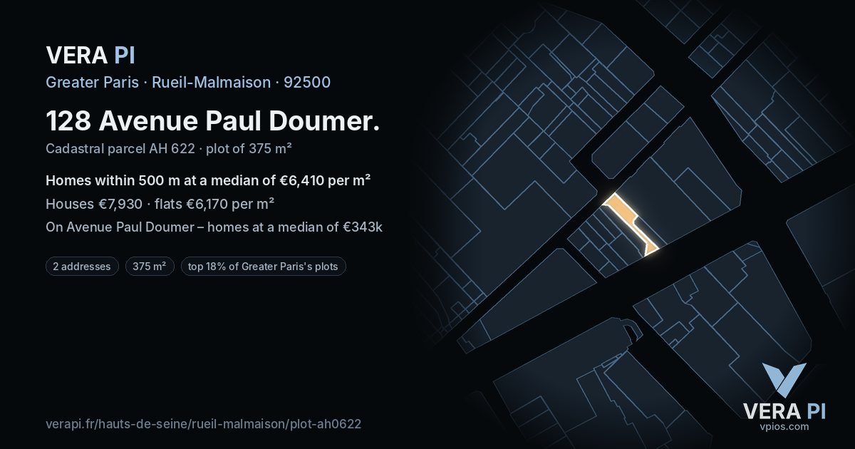 128 Avenue Paul Doumer, Rueil-Malmaison at night – the plot lit, the parcels around coloured by the prices near them