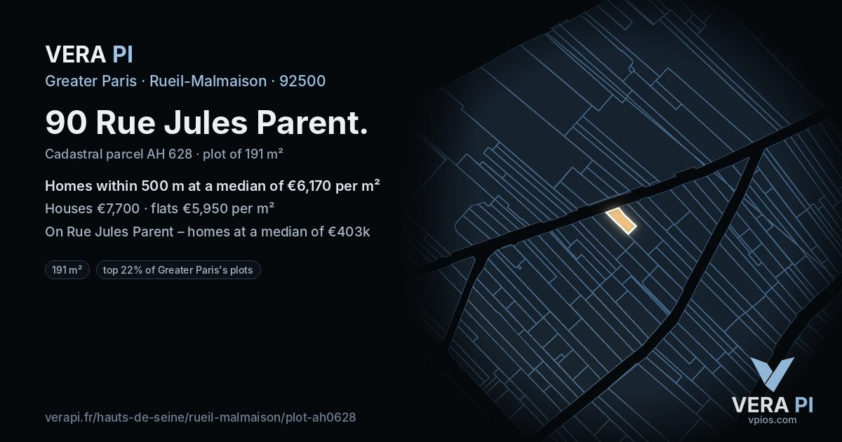 90 Rue Jules Parent, Rueil-Malmaison at night – the plot lit, the parcels around coloured by the prices near them