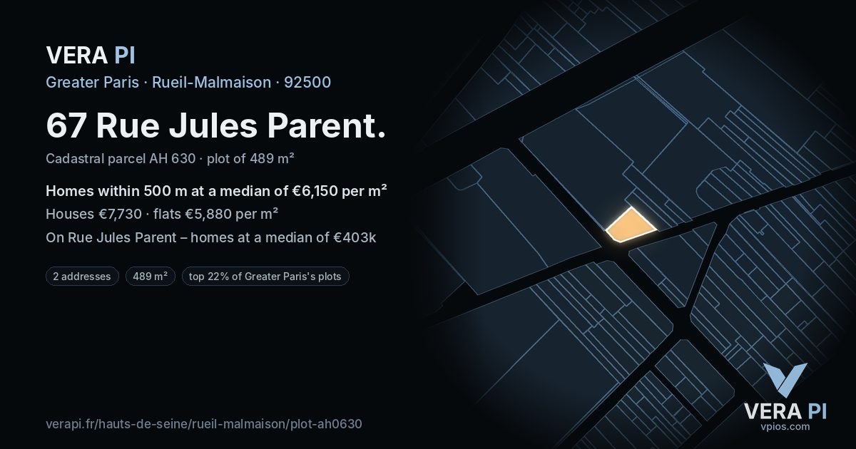 67 Rue Jules Parent, Rueil-Malmaison at night – the plot lit, the parcels around coloured by the prices near them