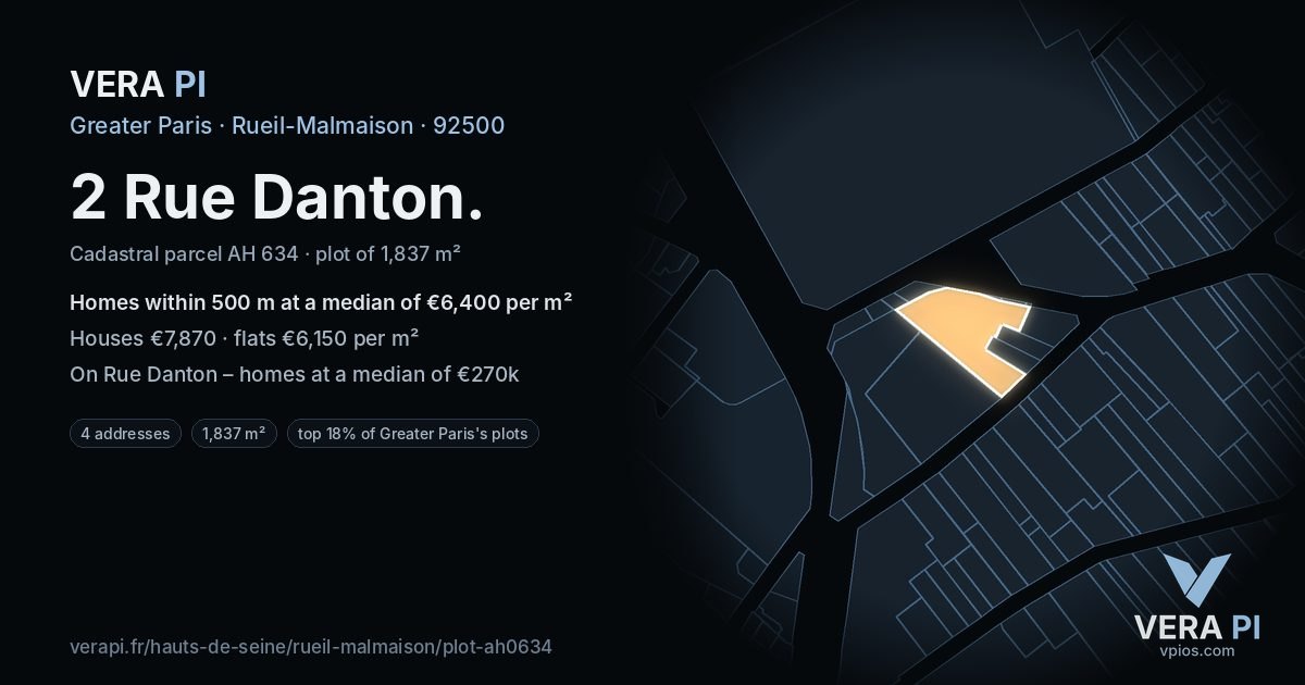 2 Rue Danton, Rueil-Malmaison at night – the plot lit, the parcels around coloured by the prices near them