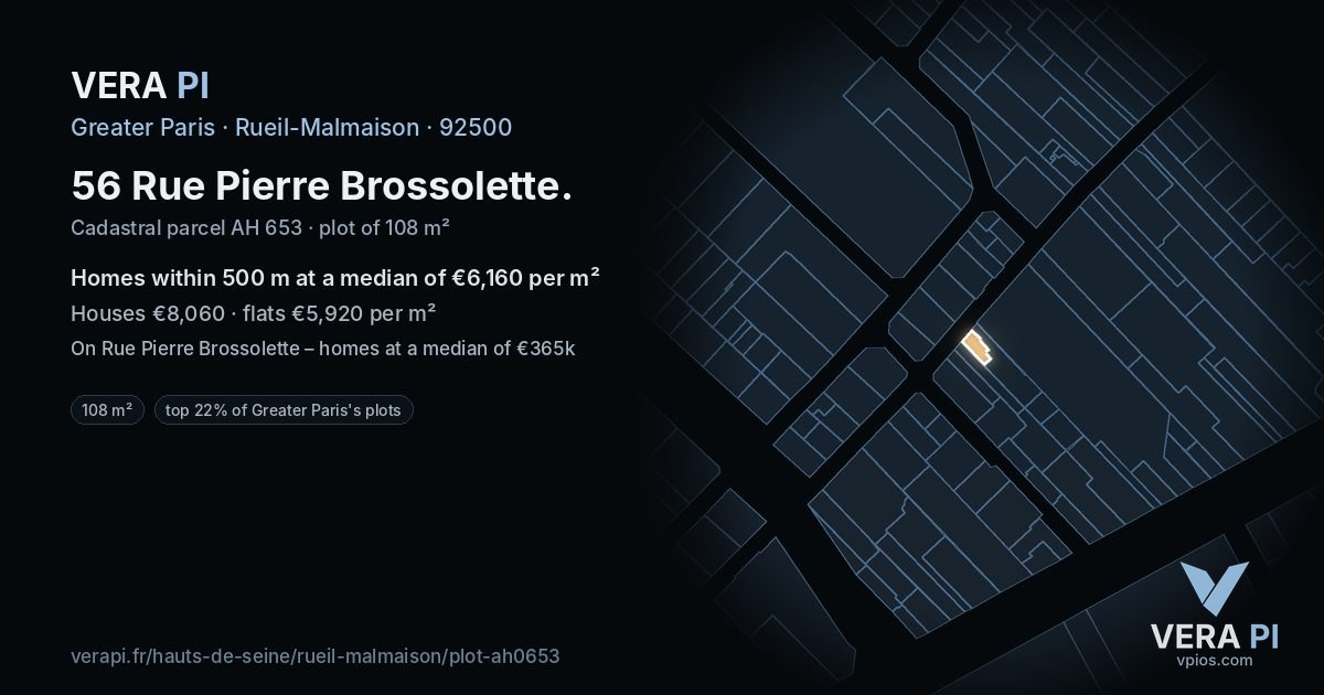 56 Rue Pierre Brossolette, Rueil-Malmaison at night – the plot lit, the parcels around coloured by the prices near them