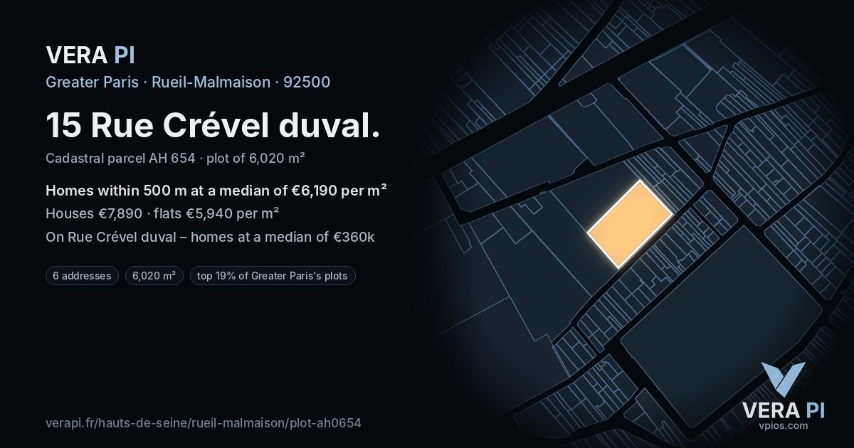 15 Rue Crével duval, Rueil-Malmaison at night – the plot lit, the parcels around coloured by the prices near them