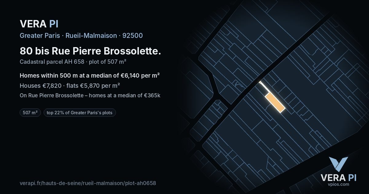80 bis Rue Pierre Brossolette, Rueil-Malmaison at night – the plot lit, the parcels around coloured by the prices near them