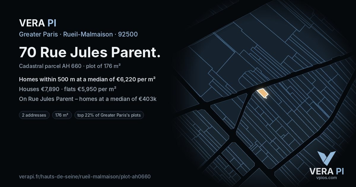 70 Rue Jules Parent, Rueil-Malmaison at night – the plot lit, the parcels around coloured by the prices near them