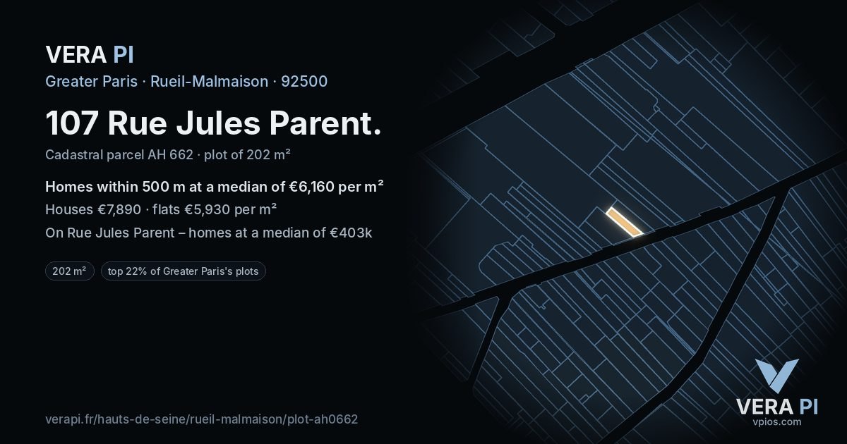 107 Rue Jules Parent, Rueil-Malmaison at night – the plot lit, the parcels around coloured by the prices near them