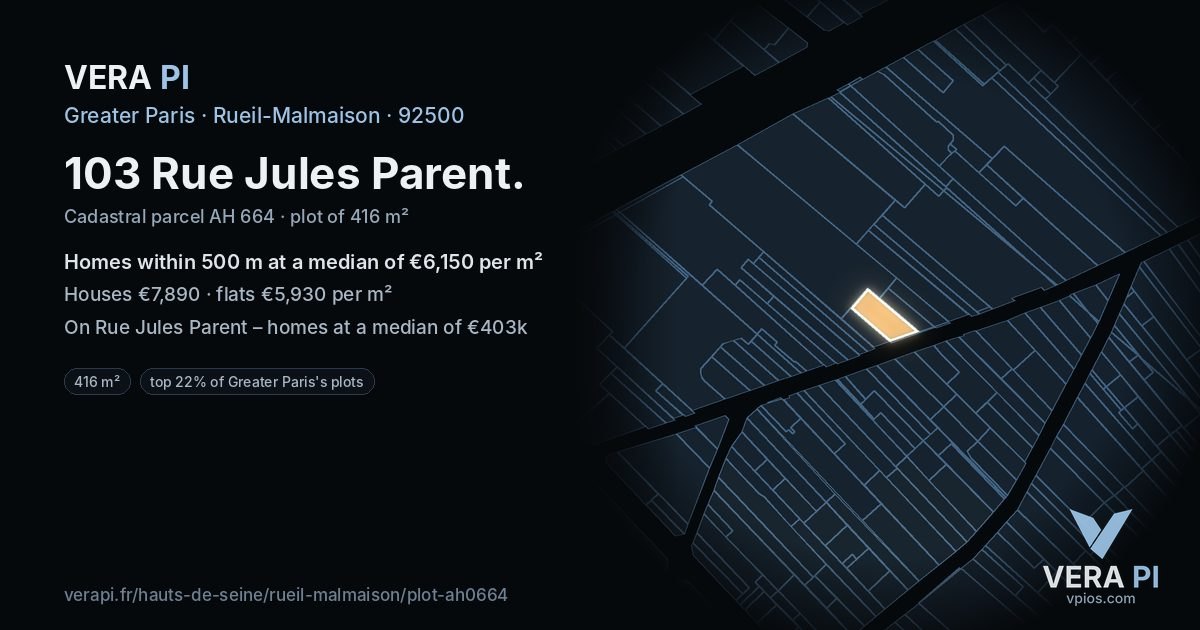 103 Rue Jules Parent, Rueil-Malmaison at night – the plot lit, the parcels around coloured by the prices near them