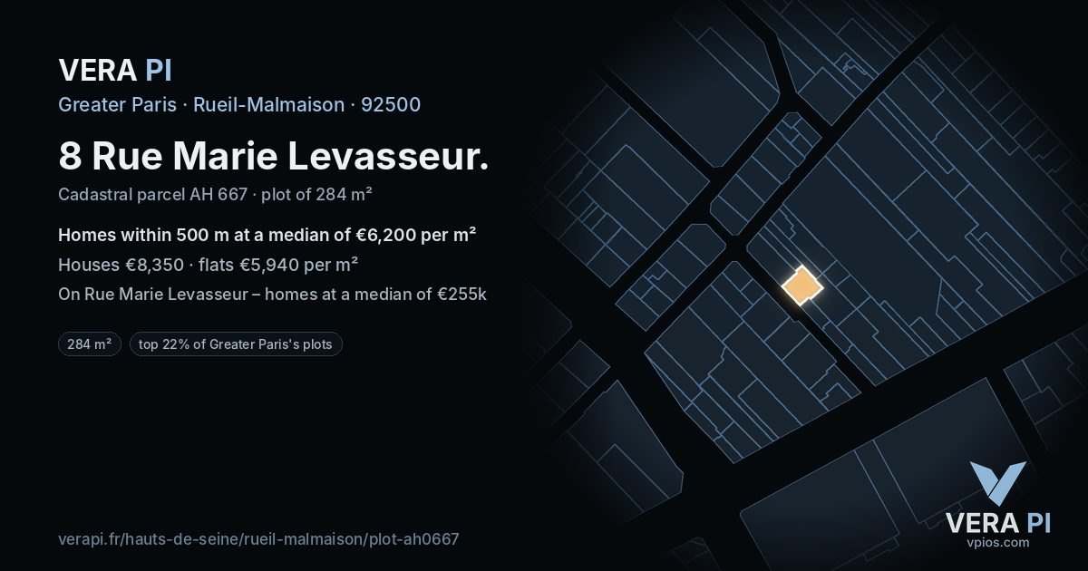 8 Rue Marie Levasseur, Rueil-Malmaison at night – the plot lit, the parcels around coloured by the prices near them
