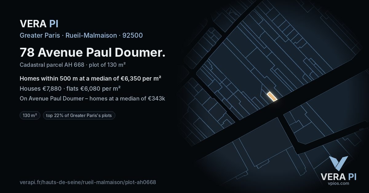 78 Avenue Paul Doumer, Rueil-Malmaison at night – the plot lit, the parcels around coloured by the prices near them