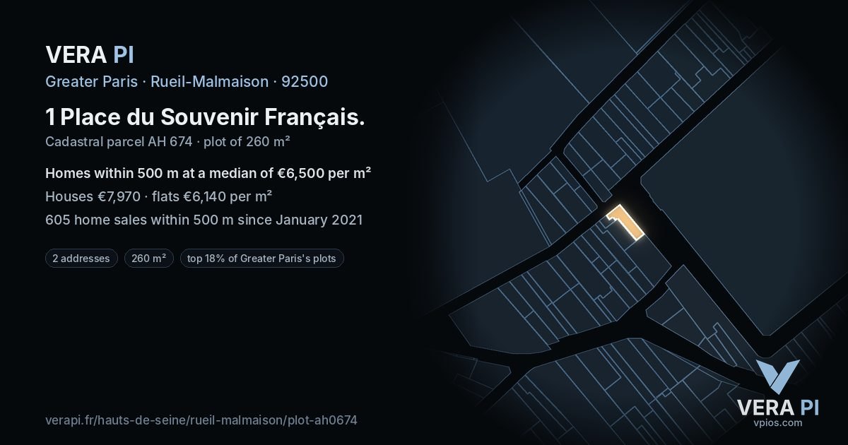 1 Place du Souvenir Français, Rueil-Malmaison at night – the plot lit, the parcels around coloured by the prices near them