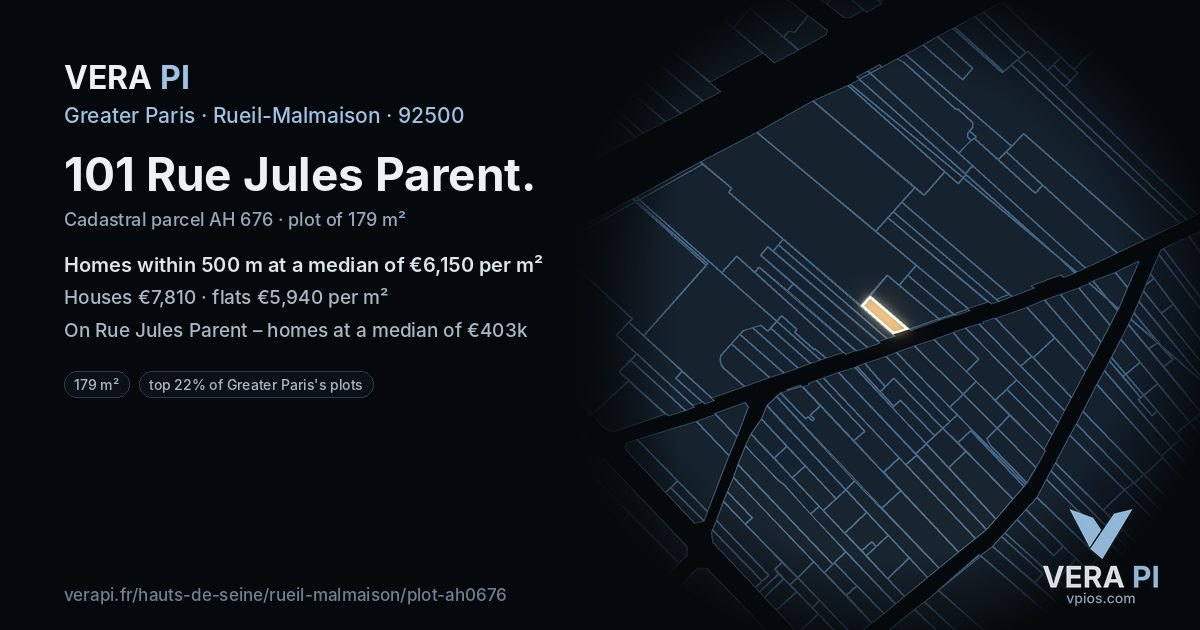 101 Rue Jules Parent, Rueil-Malmaison at night – the plot lit, the parcels around coloured by the prices near them