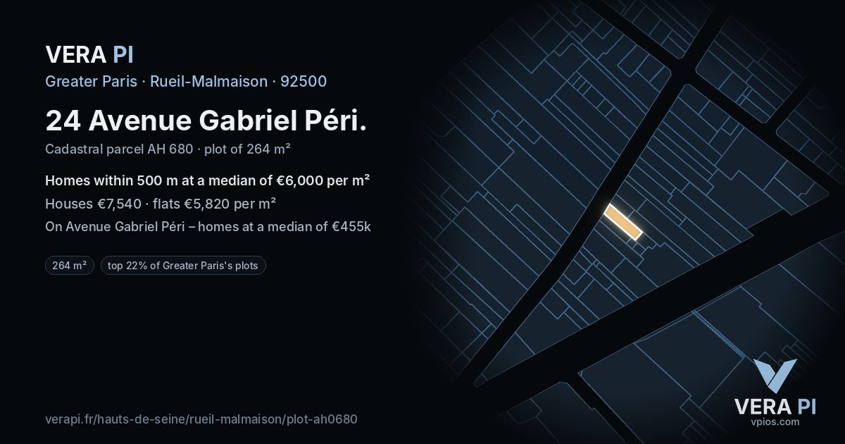 24 Avenue Gabriel Péri, Rueil-Malmaison at night – the plot lit, the parcels around coloured by the prices near them