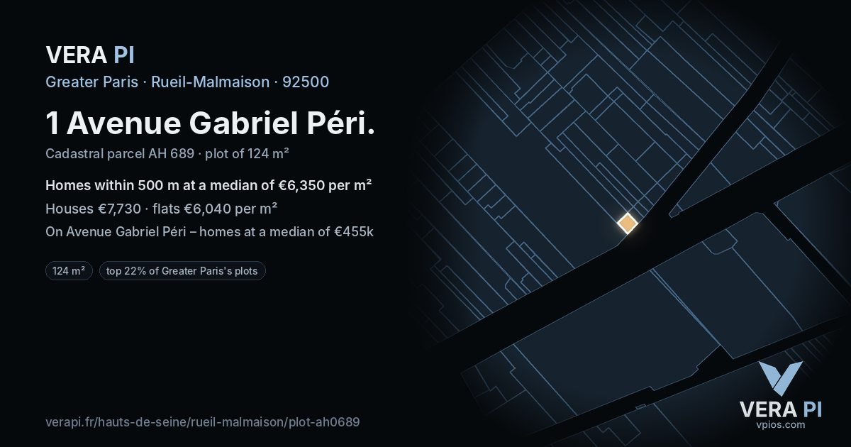 1 Avenue Gabriel Péri, Rueil-Malmaison at night – the plot lit, the parcels around coloured by the prices near them