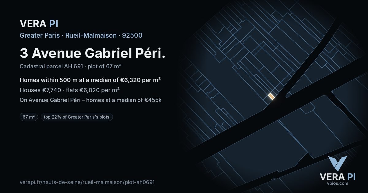3 Avenue Gabriel Péri, Rueil-Malmaison at night – the plot lit, the parcels around coloured by the prices near them