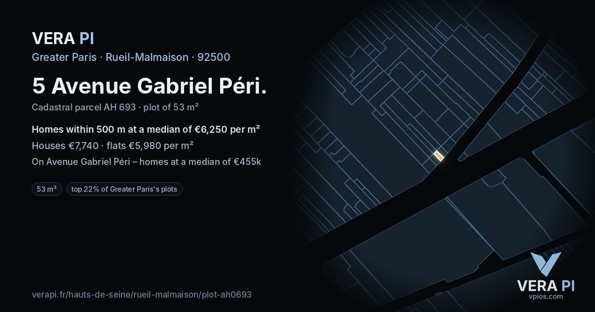 5 Avenue Gabriel Péri, Rueil-Malmaison at night – the plot lit, the parcels around coloured by the prices near them