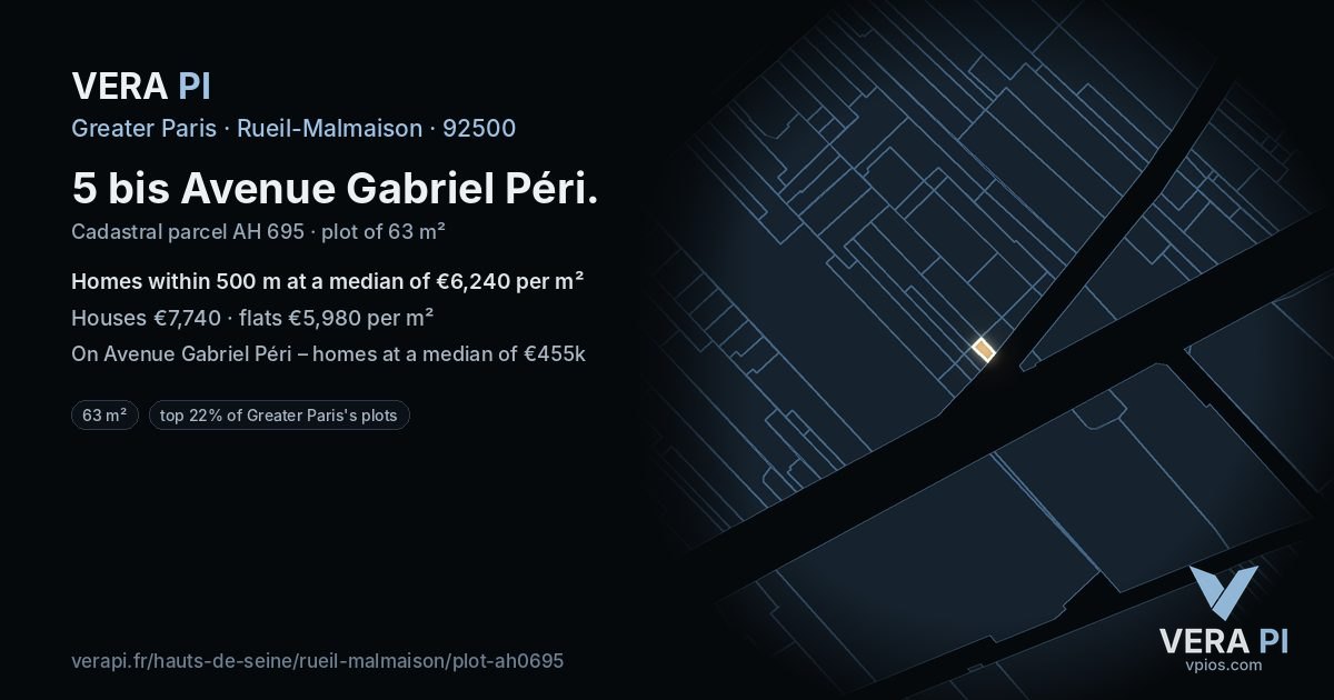 5 bis Avenue Gabriel Péri, Rueil-Malmaison at night – the plot lit, the parcels around coloured by the prices near them