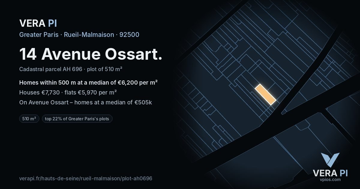 14 Avenue Ossart, Rueil-Malmaison at night – the plot lit, the parcels around coloured by the prices near them