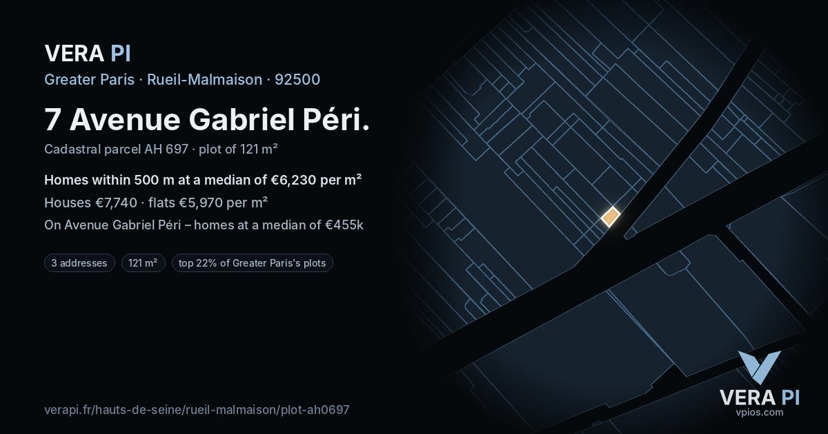 7 Avenue Gabriel Péri, Rueil-Malmaison at night – the plot lit, the parcels around coloured by the prices near them