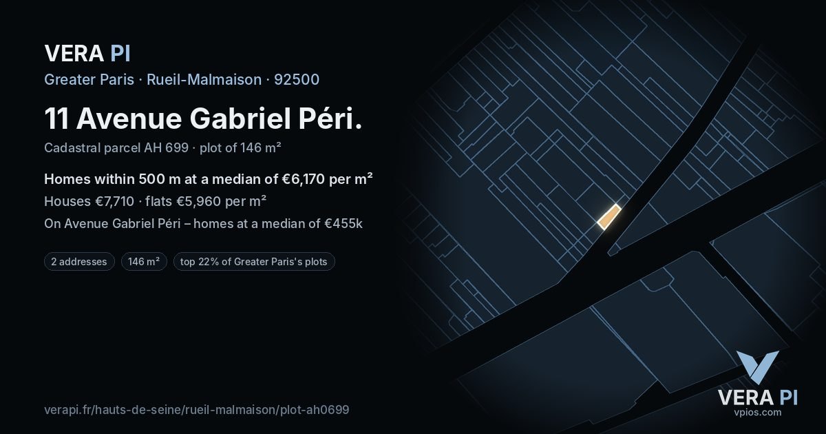 11 Avenue Gabriel Péri, Rueil-Malmaison at night – the plot lit, the parcels around coloured by the prices near them