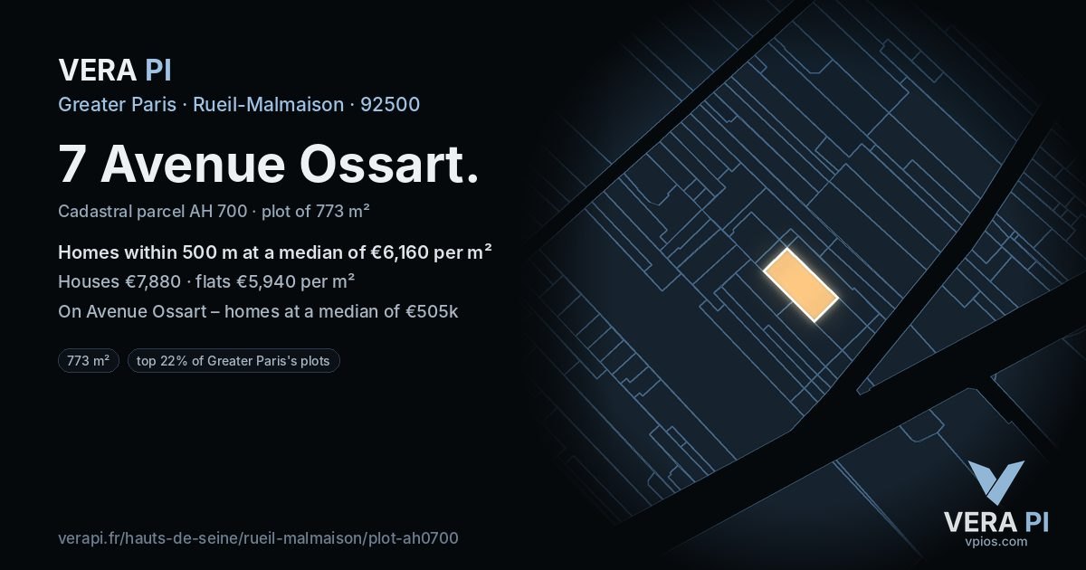 7 Avenue Ossart, Rueil-Malmaison at night – the plot lit, the parcels around coloured by the prices near them
