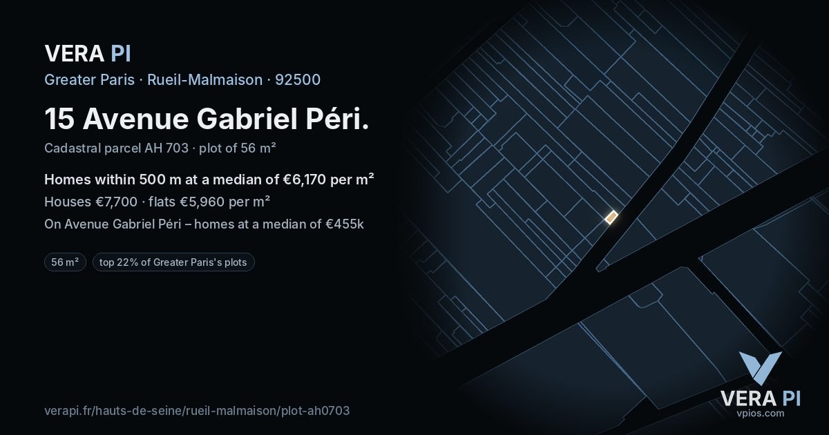 15 Avenue Gabriel Péri, Rueil-Malmaison at night – the plot lit, the parcels around coloured by the prices near them