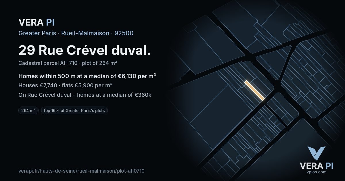 29 Rue Crével duval, Rueil-Malmaison at night – the plot lit, the parcels around coloured by the prices near them