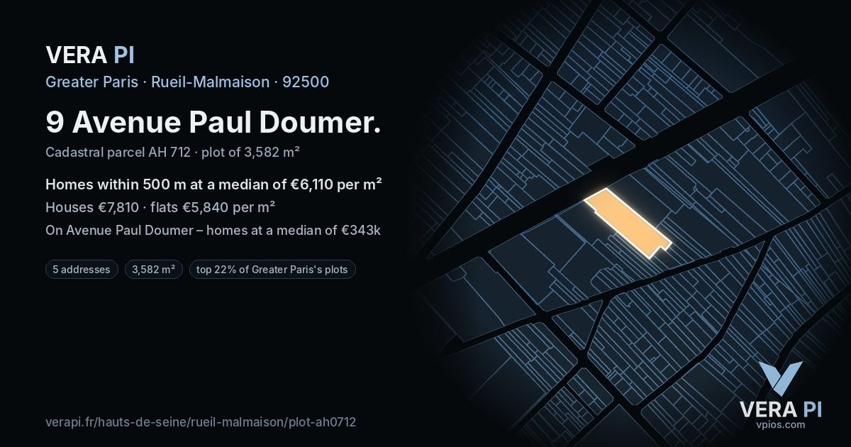 9 Avenue Paul Doumer, Rueil-Malmaison at night – the plot lit, the parcels around coloured by the prices near them