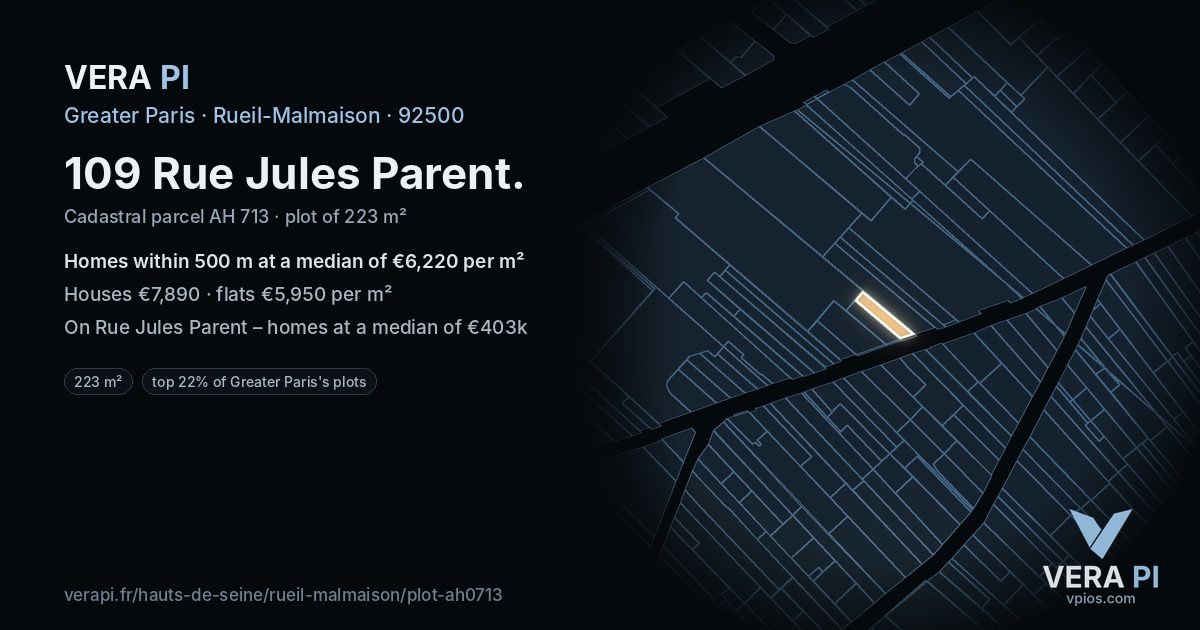 109 Rue Jules Parent, Rueil-Malmaison at night – the plot lit, the parcels around coloured by the prices near them