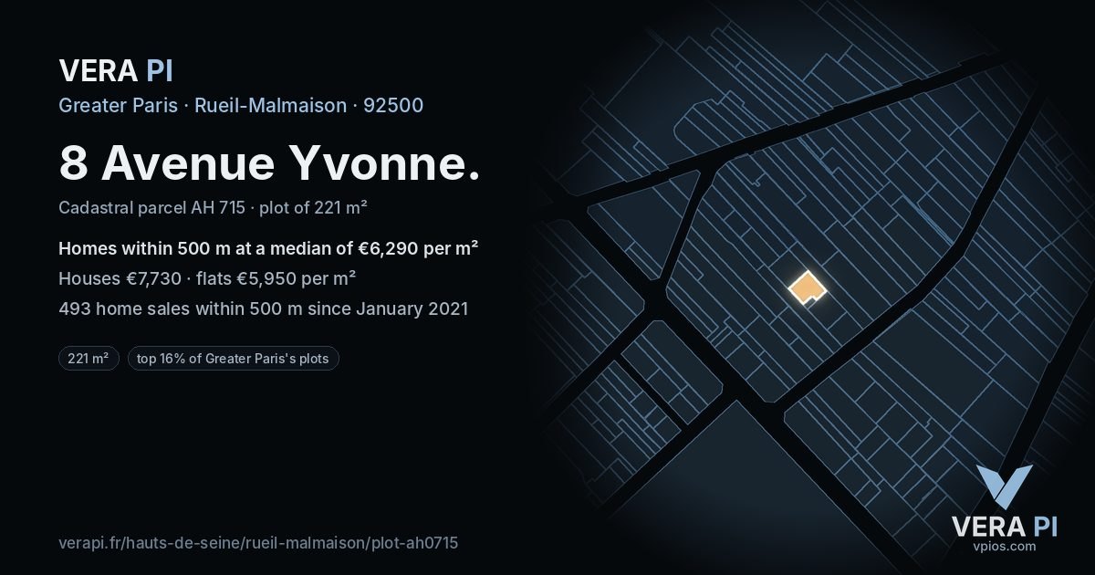 8 Avenue Yvonne, Rueil-Malmaison at night – the plot lit, the parcels around coloured by the prices near them