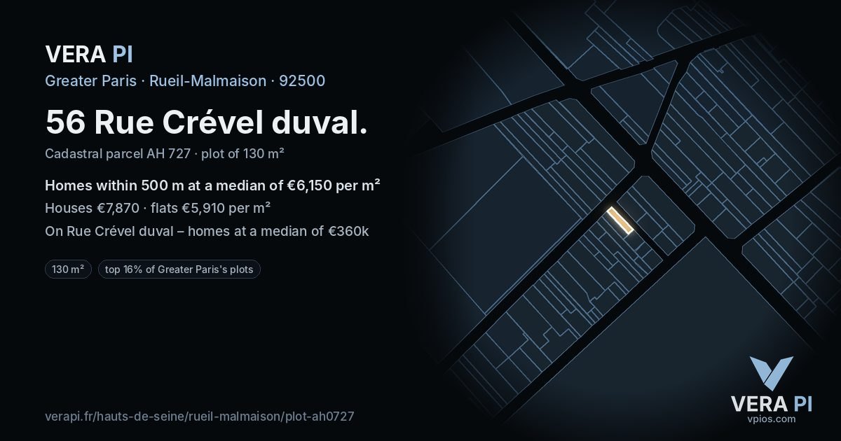 56 Rue Crével duval, Rueil-Malmaison at night – the plot lit, the parcels around coloured by the prices near them