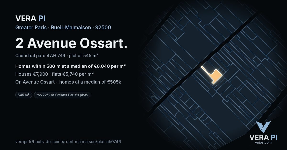 2 Avenue Ossart, Rueil-Malmaison at night – the plot lit, the parcels around coloured by the prices near them