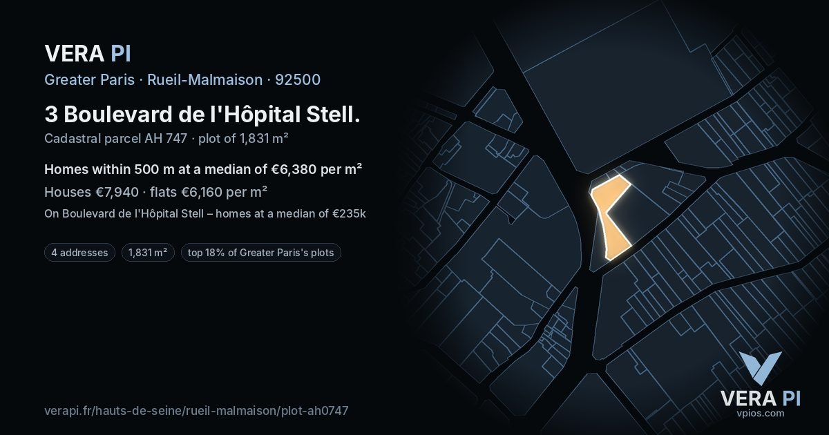 3 Boulevard de l'Hôpital Stell, Rueil-Malmaison at night – the plot lit, the parcels around coloured by the prices near them