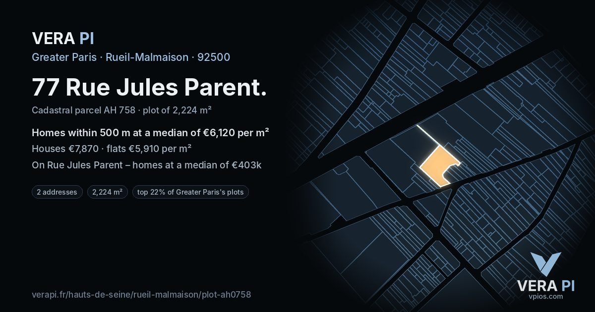 77 Rue Jules Parent, Rueil-Malmaison at night – the plot lit, the parcels around coloured by the prices near them