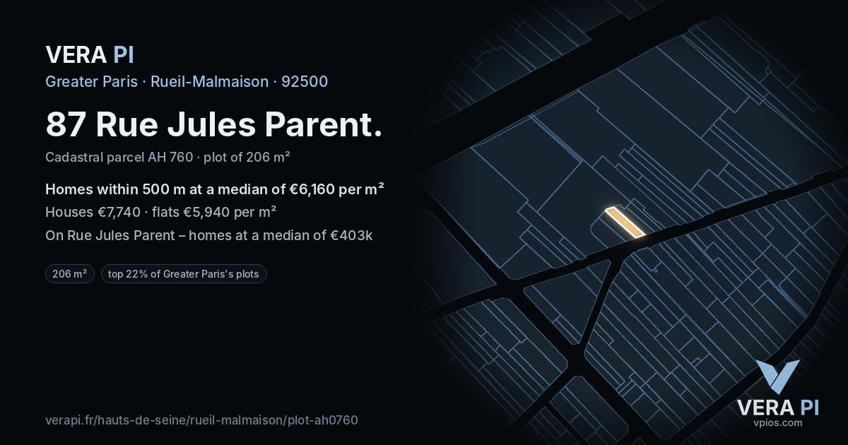 87 Rue Jules Parent, Rueil-Malmaison at night – the plot lit, the parcels around coloured by the prices near them