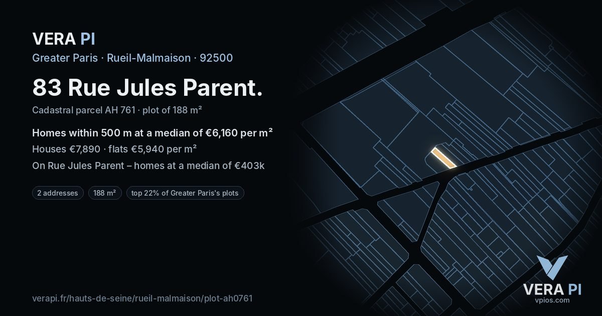 83 Rue Jules Parent, Rueil-Malmaison at night – the plot lit, the parcels around coloured by the prices near them