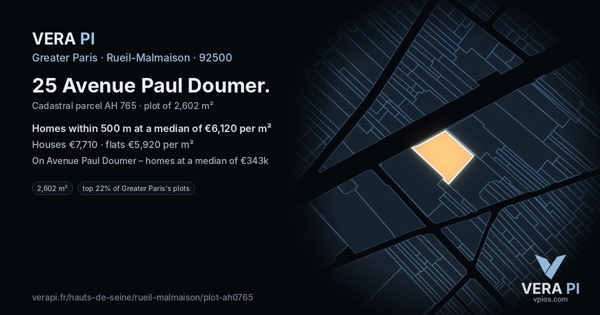 25 Avenue Paul Doumer, Rueil-Malmaison at night – the plot lit, the parcels around coloured by the prices near them
