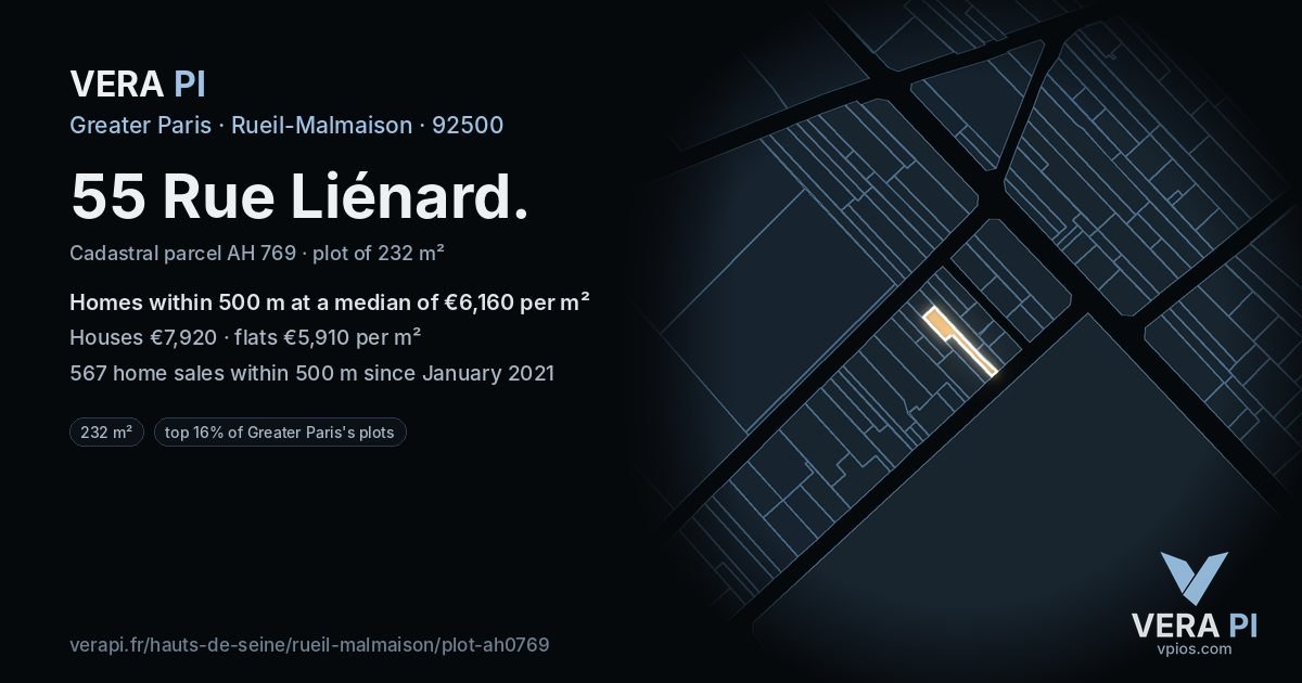 55 Rue Liénard, Rueil-Malmaison at night – the plot lit, the parcels around coloured by the prices near them