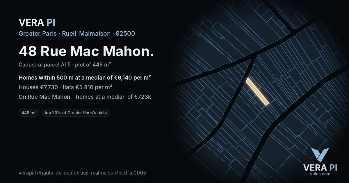 48 Rue Mac Mahon, Rueil-Malmaison at night – the plot lit, the parcels around coloured by the prices near them