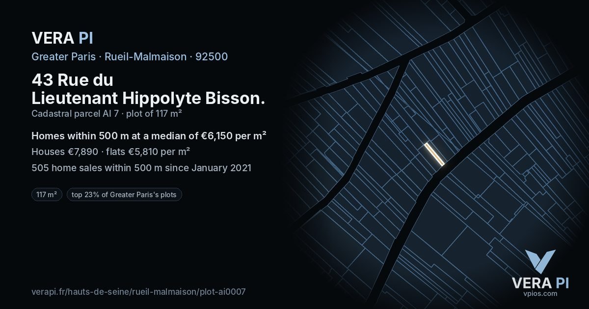 43 Rue du Lieutenant Hippolyte Bisson, Rueil-Malmaison at night – the plot lit, the parcels around coloured by the prices near them