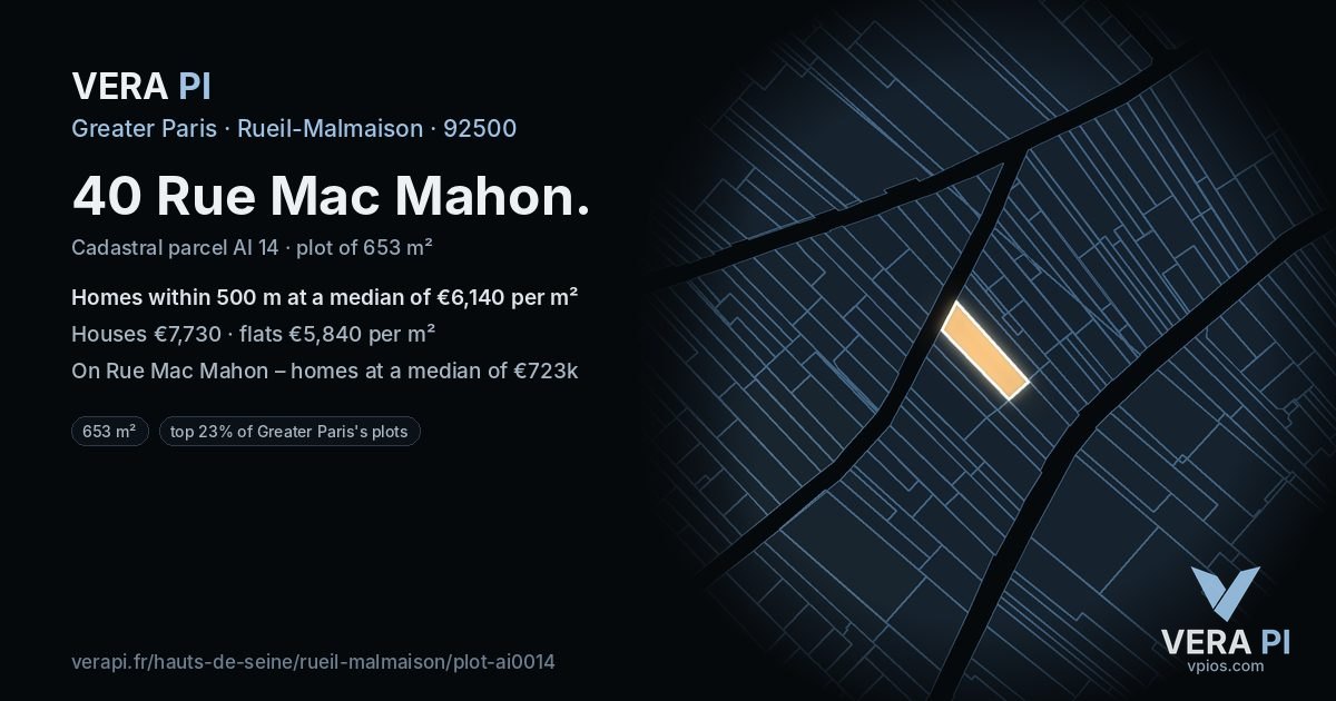 40 Rue Mac Mahon, Rueil-Malmaison at night – the plot lit, the parcels around coloured by the prices near them