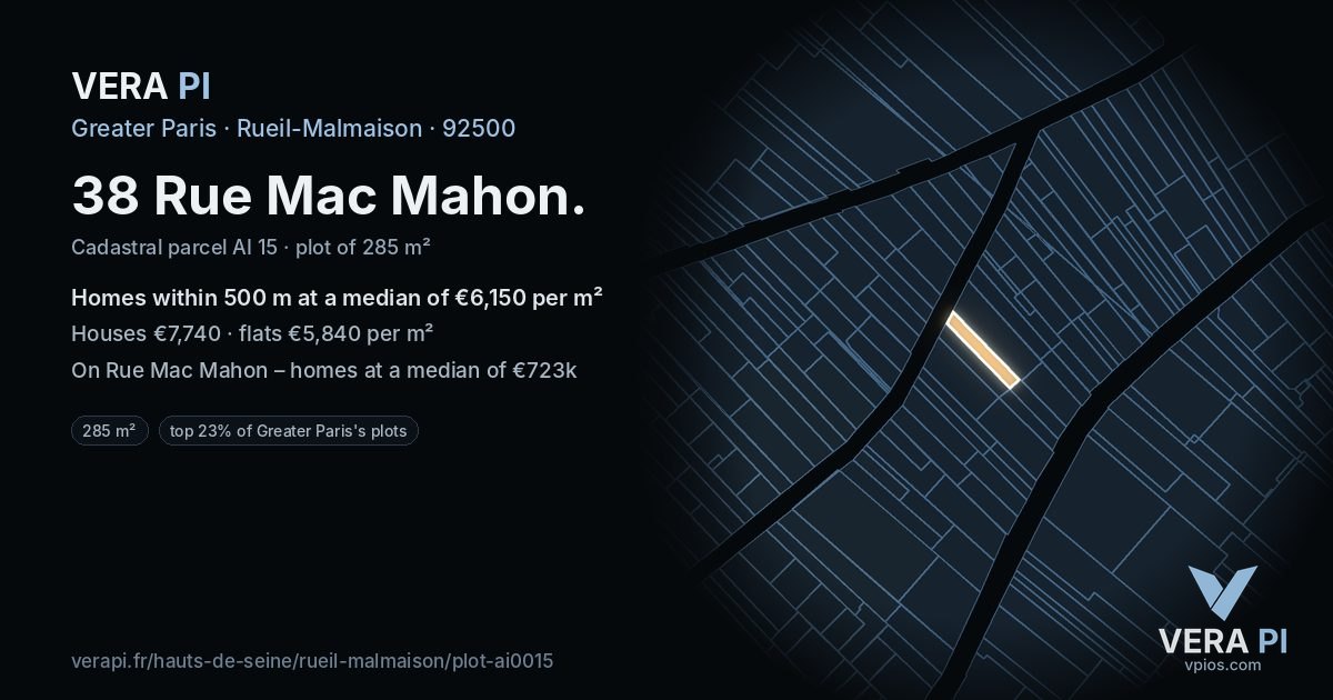 38 Rue Mac Mahon, Rueil-Malmaison at night – the plot lit, the parcels around coloured by the prices near them