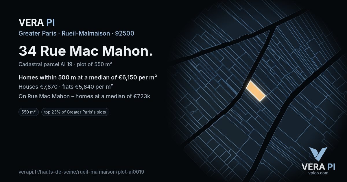 34 Rue Mac Mahon, Rueil-Malmaison at night – the plot lit, the parcels around coloured by the prices near them