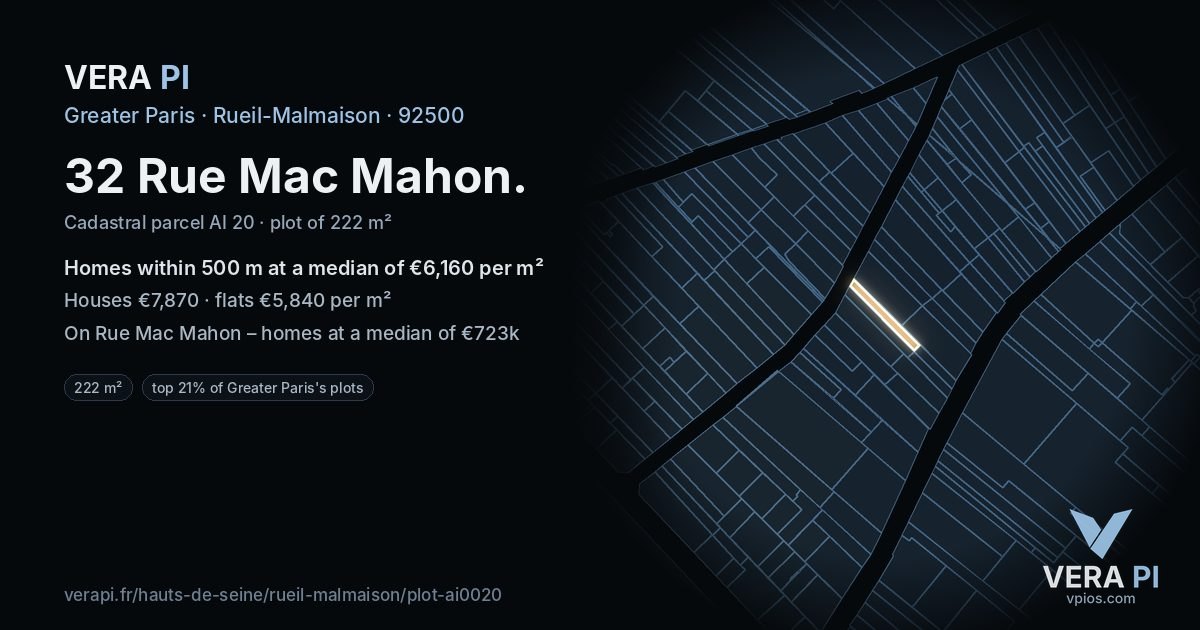 32 Rue Mac Mahon, Rueil-Malmaison at night – the plot lit, the parcels around coloured by the prices near them
