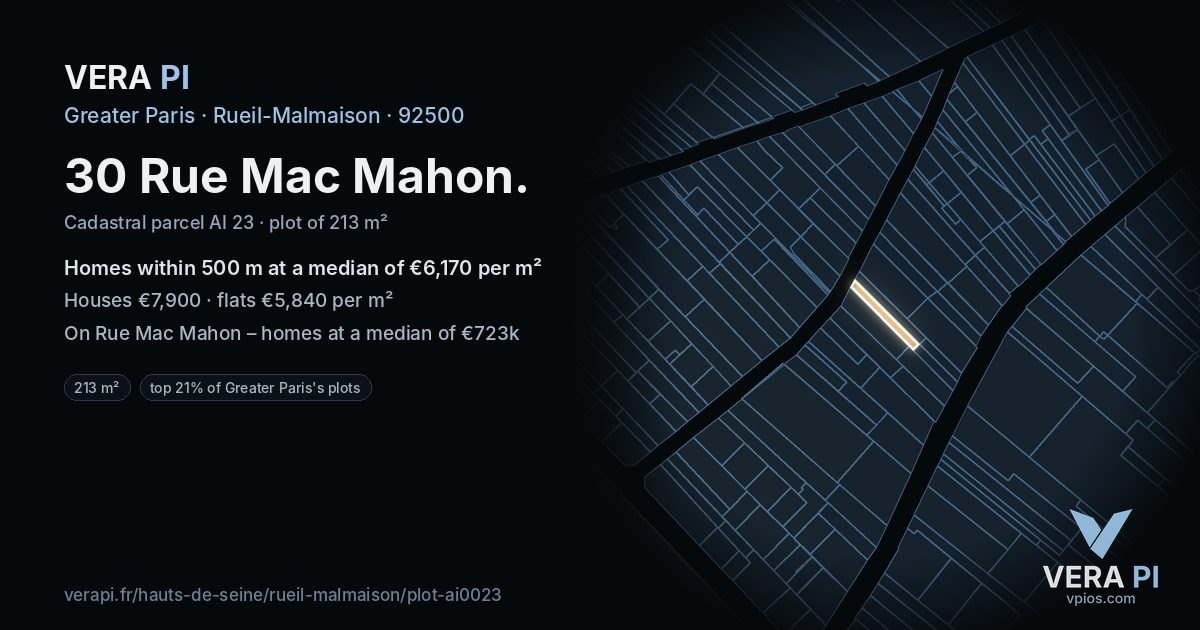 30 Rue Mac Mahon, Rueil-Malmaison at night – the plot lit, the parcels around coloured by the prices near them
