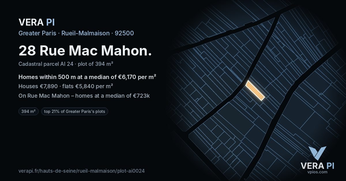 28 Rue Mac Mahon, Rueil-Malmaison at night – the plot lit, the parcels around coloured by the prices near them