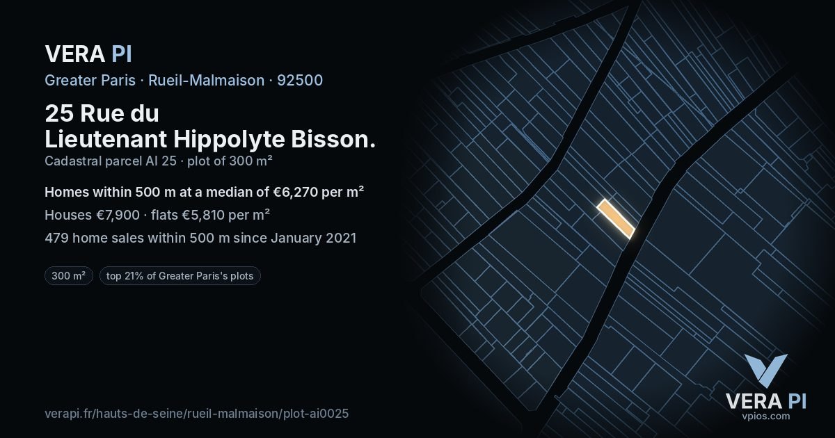 25 Rue du Lieutenant Hippolyte Bisson, Rueil-Malmaison at night – the plot lit, the parcels around coloured by the prices near them