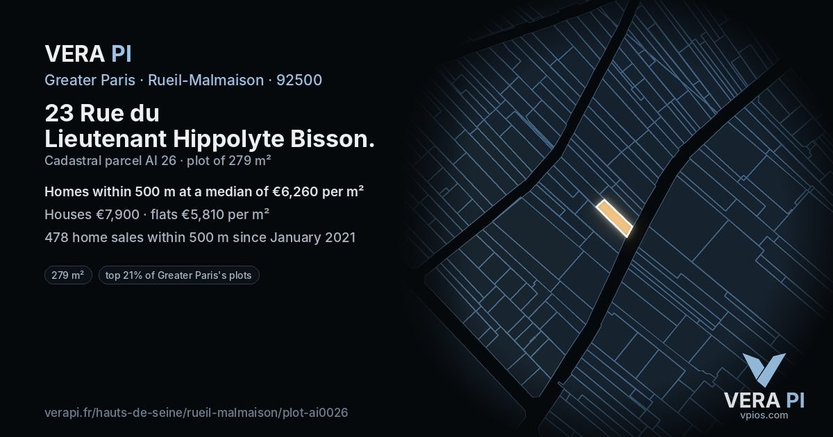 23 Rue du Lieutenant Hippolyte Bisson, Rueil-Malmaison at night – the plot lit, the parcels around coloured by the prices near them