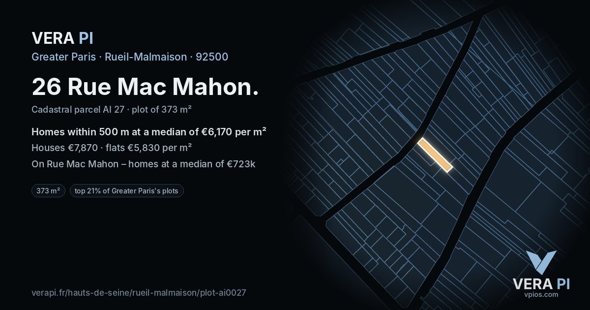 26 Rue Mac Mahon, Rueil-Malmaison at night – the plot lit, the parcels around coloured by the prices near them