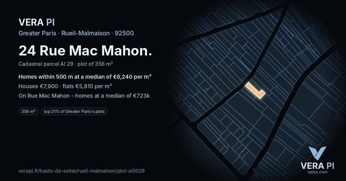 24 Rue Mac Mahon, Rueil-Malmaison at night – the plot lit, the parcels around coloured by the prices near them